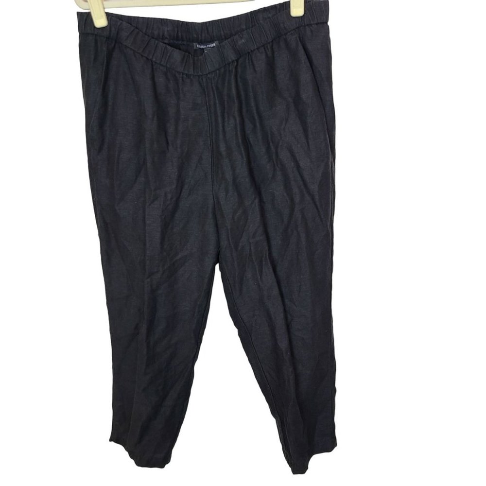 Eileen Fisher Womens L Black Organic Linen Blend Straight Leg Cropped Pants